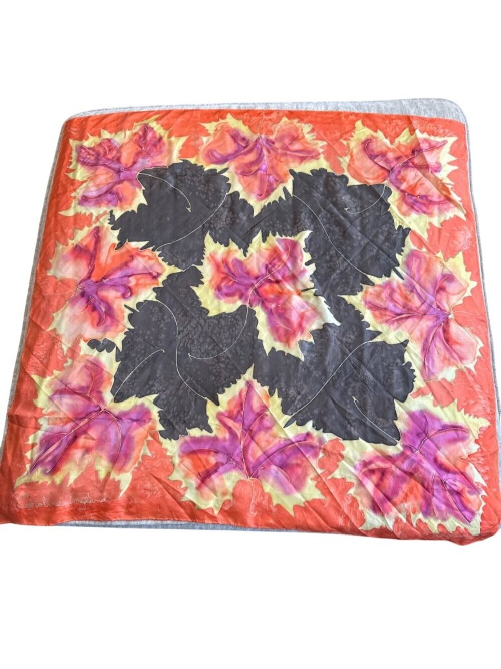 Vibrant Square Leaf Black Orange Pink Silk Scarf Spring Summer Fall